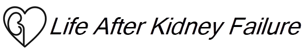 Minimalist black heart outline with a kidney shape inside, positioned next to the blog title “Life After Kidney Failure” in stylized font, representing kidney health and recovery.
